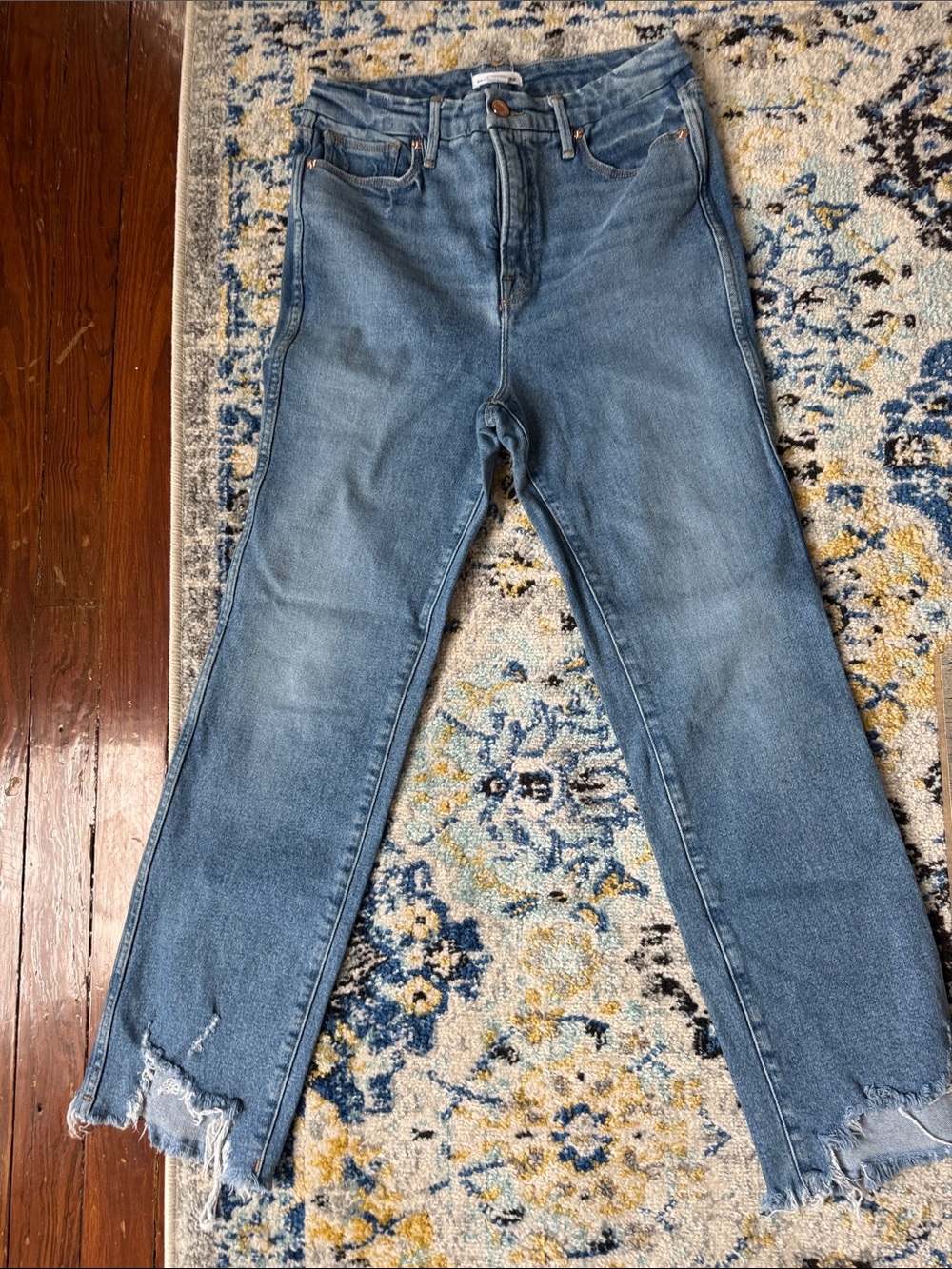 Good American Light Blue Raw-Hem Flare Jeans
